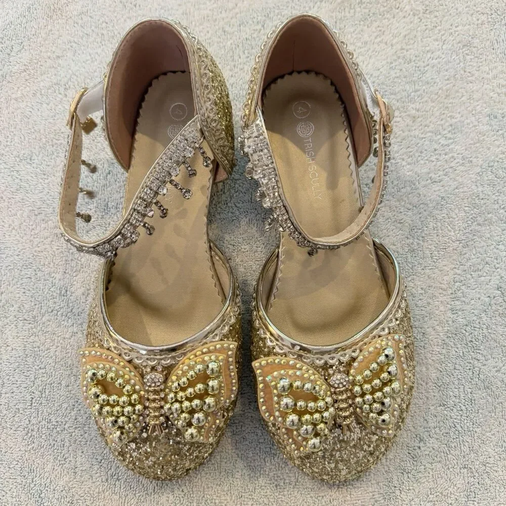 Trish Scully Gold Girls Shoes 4 Heels Butterfly Rhinestone Bling Formal Dance 36